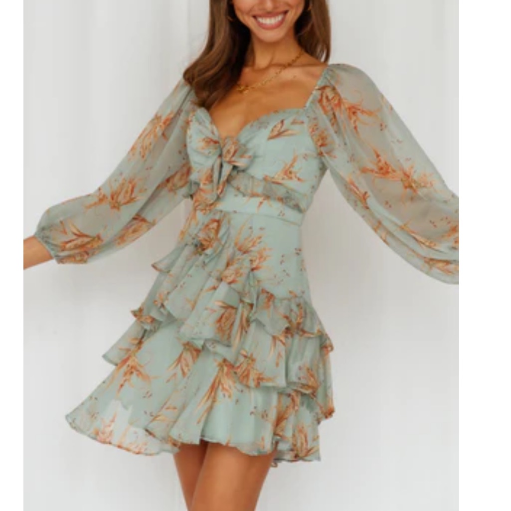 Hello Molly Green Mini Dress With Sweetheart Neckline And Bishop Sleeves